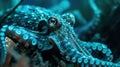 A close up of an octopus with blue eyes and tentacles, AI