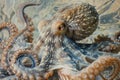 A close-up of an octopus overlaid with the swirling patterns of ocean currents in a double exposure