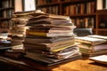 Close-up office desk with an organized stack of papers. Generative AI