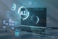 Close up of office desktop with laptop and glowing blurry ai hologram with binary coding on blurry background. Artificial