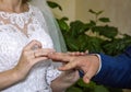 Close-up oh bride`s and groom`s hands. Wedding ceremony  of exchange of rings Royalty Free Stock Photo