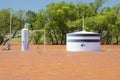 Close-up of oil tank under water as a result of midwestern storms and flash flooding Royalty Free Stock Photo