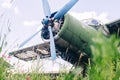 A close-up of an old aircraft engine showing rust and breakage. Visible radiator, blades, internal parts and traces of metal Royalty Free Stock Photo