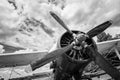 Close up of old airplane in black and white Royalty Free Stock Photo