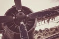 Close up of old airplane. Old style photo
