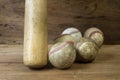 Close up old baseball and wooden baseball bat on a woodeb table. select focus. Royalty Free Stock Photo