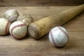 Close up old baseball and wooden baseball bat on a woodeb table. select focus. Royalty Free Stock Photo