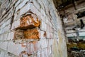 Close-up of old bricks wall in the abandoned place. Ruined and collapsed abandoned building with broken red bricks Royalty Free Stock Photo