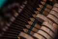 Close up of old broken dusty piano from the inside. Hammers in abandoned piano striking strings. Music playing from the ancient Royalty Free Stock Photo