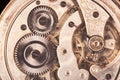 Close-up of old clock rusty mechanism with gears. Vintage toned