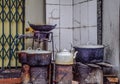 Close up of old cooking places Outside the house at Hano, Vietnam, Old kitchen equipment, Gas stove, Pots, Kettle and Pan Royalty Free Stock Photo