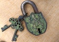 Close-up of an old corroded padlock with two keys and with an elephant pattern, probably of indian origin Royalty Free Stock Photo