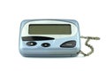 Close-up old a cyan metallic pager or beeper isolated with clipping path on white background. Royalty Free Stock Photo