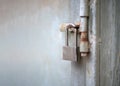 Close up old door locked with chain and padlock. Royalty Free Stock Photo