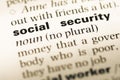 Close up of old English dictionary page with word social security Royalty Free Stock Photo
