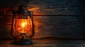 A close up of an old fashioned lantern lit on a wooden wall, AI