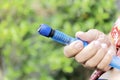 Close up of old female diabetes patient making subcutaneous insulin injection into her abdomen with insulin pen syringe at home Royalty Free Stock Photo