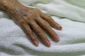 Close up old female hand of elderly patient with intravenous catheter for injection plug in hand Royalty Free Stock Photo