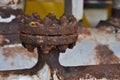 Close up old flange in oil and gas industry. Equipment in production process. Dust on equipment or flange