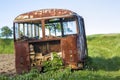 Close-up of old forsaken passenger bus with broken windows rusting in high green weedy grass on edge of plowed brown field on Royalty Free Stock Photo