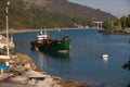 Close-up an old dredger boat in the Orio estuary. Royalty Free Stock Photo