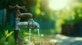 Old faucet and water drop on green blurred generated by AI tool. Royalty Free Stock Photo