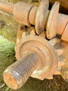 Close-up of old historic rusty iron worm gear