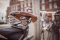 Close up of an old leather bicycle saddle Royalty Free Stock Photo