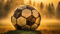 Old Leather Soccer Ball on a Meadow at Dawn - Generative Ai