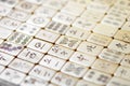 Close up on old Mahjong tiles with Chinese script