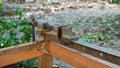 Close up of old metal rusty manual tools, equipment in working place of making timber furniture outdoor Royalty Free Stock Photo