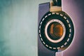 Close up of old 8mm Film Projector lens. Royalty Free Stock Photo