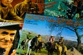 Close up of old movie and tv series soundtrack vinyl record album covers with focus on Bonanza
