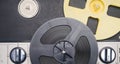 Close-up of an old music player, on large reels with magnetic tape Royalty Free Stock Photo