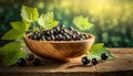 Closeup of a Wooden Bowl Full of Fresh Black Currant Berries - Generative Ai