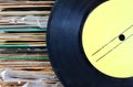 Close up of old record and records stack Royalty Free Stock Photo