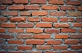 Close-up of old red brick wall with rough texture. Aged building facade, urban decay architecture. Grunge solid brickwork Royalty Free Stock Photo