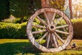 Close-up of an old rustic wooden wagon wheel leaning to tree trunk in summer Royalty Free Stock Photo