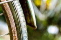 Close up of old rusty chain from the bicycle on background nature ,Bicycle`s detail view of wheel with old chain, sprocket,dirty Royalty Free Stock Photo