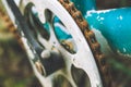 Close up of old rusty chain from the bicycle on background nature ,Bicycle`s detail view of wheel with old chain, sprocket,dirty Royalty Free Stock Photo