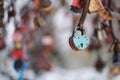 close up old rusty locks heart shaped on wire rope. Love lock on the bridge. tradition of hanging a barn lock on the Royalty Free Stock Photo