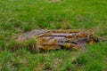 Close up of a old rusty metal square hatch in a grass field Royalty Free Stock Photo