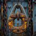 Close-up of an old rusty steel hook with industrial elements