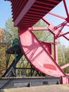 Close-up of an old rusty steel rolling lift bridge. Royalty Free Stock Photo