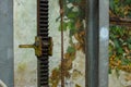 Close up of a old and rusty straight tooth rack covered with grease