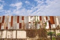 Old rusty zinc high fence with dried plant growing on bright blue sky background Royalty Free Stock Photo