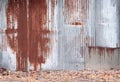 Old rusty zinc wall background and ground with dried leaves Royalty Free Stock Photo