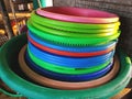 Old Stacked Colorful Plastic Tubs at the Kitchen