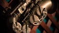 Close up of old tenor saxophone in vintage look. Golden sax musical instrument Royalty Free Stock Photo