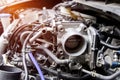 Close up old throttle Body of car in engine room